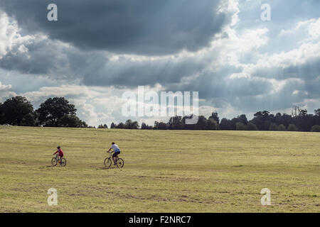Vater und Sohn fahren ihre Fahrräder im Feld oder Park an einem bewölkten Tag Stockfoto