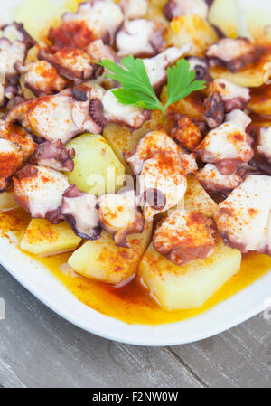 Polbo a Feira (Fair Stil Krake), ein traditionelles spanisches galizischen Gericht mit Kartoffeln (Cachelos), grobes Salz, Paprika zubereitet Stockfoto