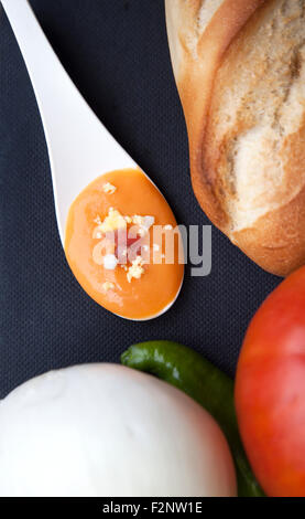 Salmorejo Portion Sponful umgeben von einigen der Zutaten notwendig, dieses Gericht zu machen. Stockfoto