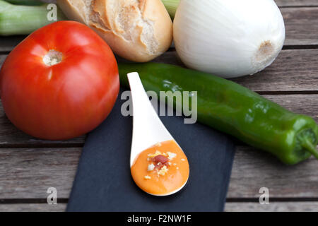 Salmorejo servieren Löffel umgeben von einigen der Zutaten für dieses Gericht zu machen. Stockfoto