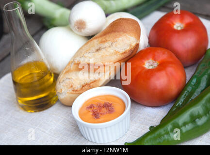 Salmorejo Portion Sorounded durch einige der Zutaten notwendig, dieses Gericht zu machen. Stockfoto