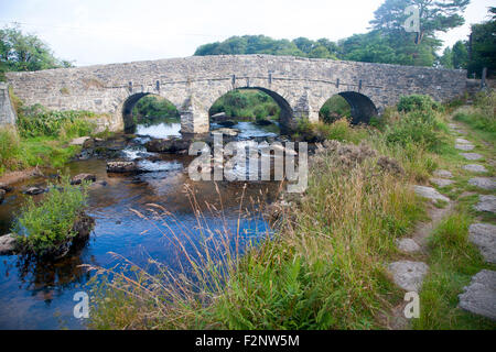 Historischen Lastesel-Brücke bei Postbridge, Dartmoor Nationalpark, Devon, England, UK, die Überquerung des Flusses East Dart Stockfoto