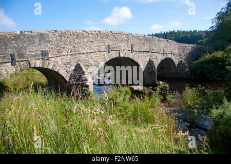 Historischen Lastesel-Brücke bei Postbridge, Dartmoor Nationalpark, Devon, England, UK, die Überquerung des Flusses East Dart Stockfoto