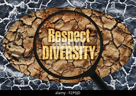Text Respekt Vielfalt unter einer Lupe auf abstrakten Hintergrund Stockfoto