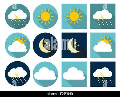 Wetter-Icons mit Wolke, Regen, Sonne und Mond im flachen Stil mit Stock Vektor