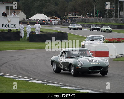 Goodwood Revival 2015 Royal Automobile Club TT Feier Rennen. Jaguar-leichte E-Type verlassen die Schikane. Gewinner. Stockfoto