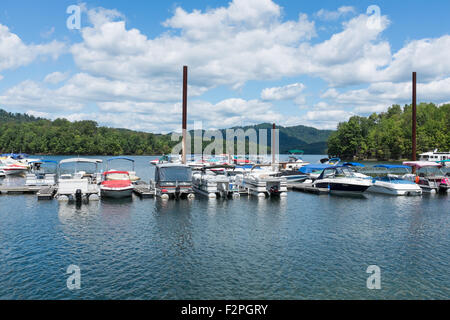 Sportboote vor Anker auf einem Ponton in Summersville Lake in West Virginia, USA Stockfoto