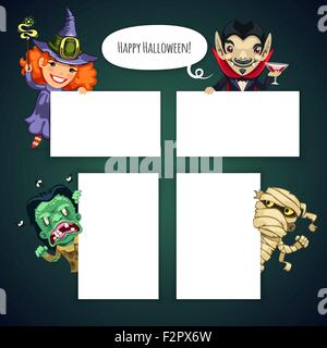 Reihe von Comic-Halloween-Figuren hinter einem leeren weißen Stock Vektor