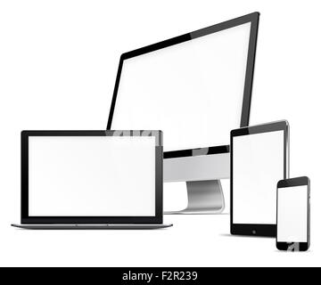 Computer-Monitor, Handy, Laptop und Tablet pc mit unbelegten Schirm isoliert auf weißem Hintergrund. Sehr detaillierte illustratio Stockfoto