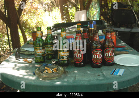 Gartentisch mit leeren Bierflaschen und Aschenbecher Zigarettenkippen. Stockfoto