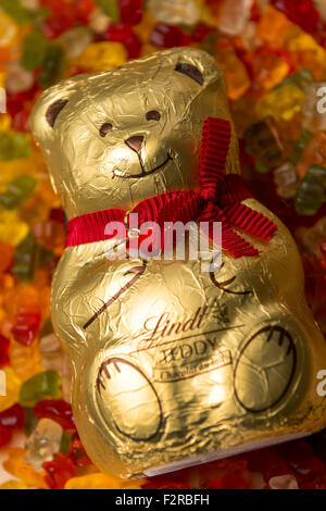 Köln, Deutschland. 25. Juni 2015. Datei - ILLUSTRATION - ein Datei-Bild am 23. September 2015 zur Verfügung gestellt zeigt die Schokolade Bären "Teddy" Schweizer chocolatier Lindt inmitten von deutschen Süßwarenunternehmen Haribo, Gummibärchen in Köln, Deutschland, 25. Juni 2015. Foto: MARIUS BECKER/Dpa/Alamy Live News Stockfoto