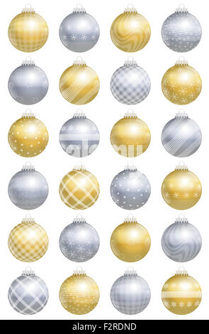 Weihnachtskugeln, gold Silber, glänzend, verschiedene Ornamente und Muster, vierundzwanzig Elemente für einen Adventskalender. Stockfoto