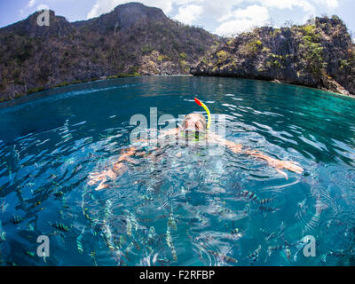 Junger Mann Schnorcheln im klaren tropischen Flachmeer Stockfoto