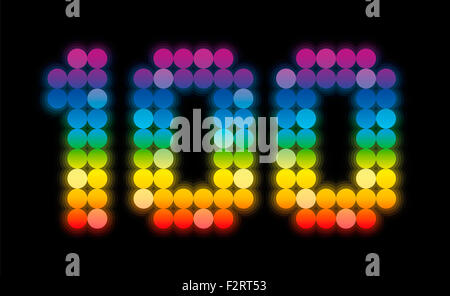 HUNDERT - Jubiläumszahl, genau hundert regenbogenfarbenen Thrombozyten - Darstellung auf schwarzem Hintergrund. Stockfoto