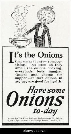 1920er Jahre Werbung. Anzeige datiert 1923 Werbung Essen mehr Zwiebeln Stockfoto