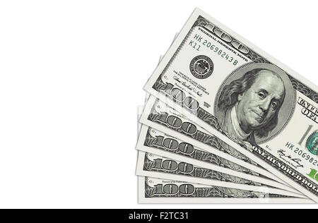 Stapel von ein hundert Dollar Rechnungen isoliert auf weiss Stockfoto