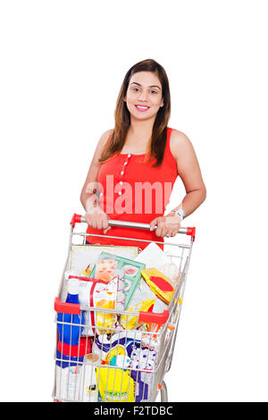 1 indische erwachsenen Frau Trolley Geschenk einkaufen Stockfoto