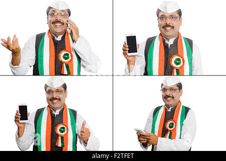 1 indische erwachsenen Mann Politiker Vergleich Handy-Qualität zeigt Multitasking Stockfoto