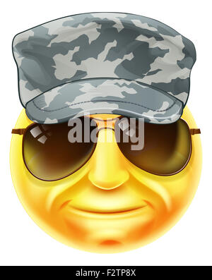Ein Soldat Emoji Emoticon Smiley Gesicht Charakter tragen eine getarnte Kappe und Sonnenbrille Stockfoto