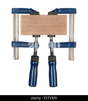 Klammern drücken Sperrholzplatten. Isoliert auf weiss. Stockfoto
