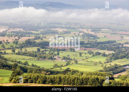 Morgennebel über Shropshire Blick auf Mortimer Wald in der Nähe von Ludlow von Clee Hills, Shropshire, England, Großbritannien Stockfoto