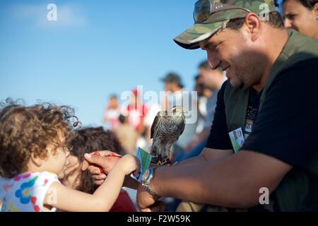 Falkner mit Tochter hält eine Barbary Falcon auf dem jährlichen Festival de L'epervier oder Falknerei Festival in El Haouaria in Tuni Stockfoto