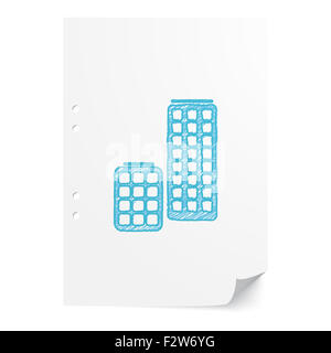 Blaue handgezeichneten Wolkenkratzer Abbildung auf weißes Papier mit Textfreiraum Stockfoto