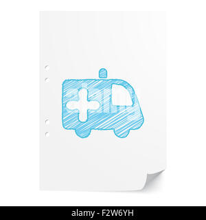 Blaue handgezeichneten Krankenwagen Abbildung auf weißes Papier mit Textfreiraum Stockfoto