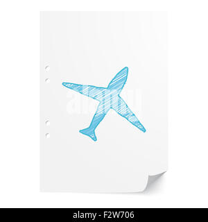 Blaue handgezeichneten Flugzeug Abbildung auf weißes Papier mit Textfreiraum Stockfoto