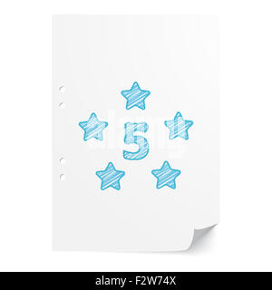 Blaue handgezeichneten Five Star Abbildung auf weißes Papier mit Textfreiraum Stockfoto