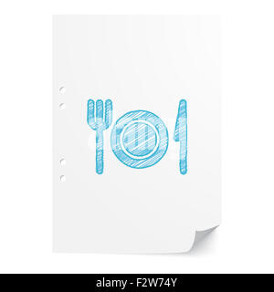 Blaue handgezeichneten Abendessen Abbildung auf weißes Papier mit Textfreiraum Stockfoto