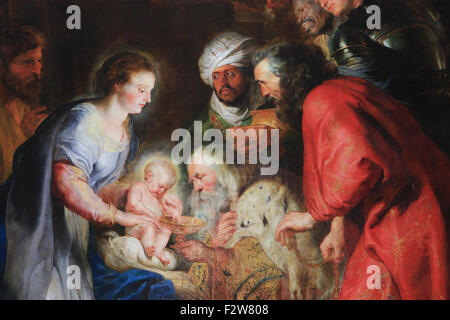 Nahaufnahme von der "Anbetung der Heiligen drei Könige" von Rubens in der St. Johannes Kirche in Mechelen, Belgien Stockfoto