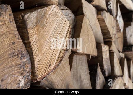 Im Hintergrund ein Brennholz trocken und rauh, Schnitt in kleine Stücke. Stockfoto