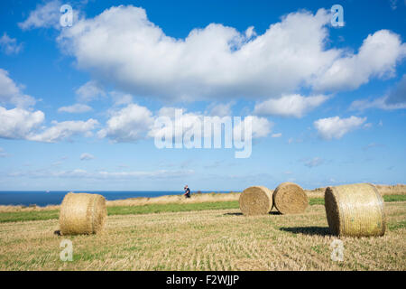 Saltburn am Meer, North Yorkshire, UK. 24. September 2015. UK-Wetter: Wanderer auf The Cleveland Art National Trail Küsten Fußweg auf Klippen hoch über Saltburn an einem hellen und luftigen Donnerstag an der Küste von North Yorkshire. Bildnachweis: Alan Dawson News/Alamy Live-Nachrichten Stockfoto