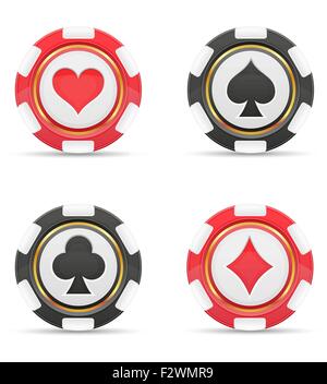 Casino-Chips mit Karten-Anzüge-Vektor-Illustration isoliert auf weißem Hintergrund Stock Vektor