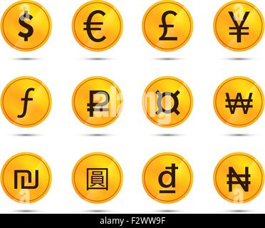 Goldmünzen mit wichtigsten Welten Währungszeichen, Symbole auf weiß Stock Vektor