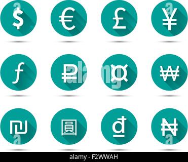Isolierte Gruppe der Hauptwährung unterschreibt flache Symbole mit langen Schatten auf grünem Hintergrund Stock Vektor