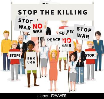 Stop Krieg Demonstration, Menschenmenge mit Plakaten, flache Abbildung auf weiß Stock Vektor