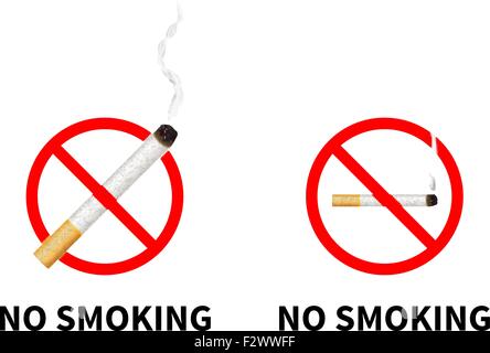 Rauchen verboten Schilder mit realistischen Zigarette, isoliert auf weiss. Stock Vektor
