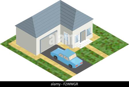 Weiße isometrische Haus mit blauen Auto, isolierte flache Abbildung Stock Vektor