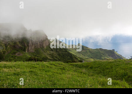 Misty Rocha Dos Bordões, ist eine geologische Formation zeichnet sich durch riesige Säulen aus Basalt, Las Flores Island Azoren Stockfoto