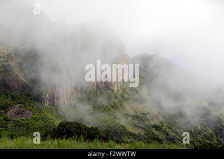 Misty Rocha Dos Bordões, ist eine geologische Formation zeichnet sich durch riesige Säulen aus Basalt, Las Flores Island Azoren Stockfoto