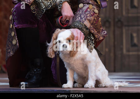 London, UK. 23.09.2015. David Sturzaker als König Charles II mit Monni der Hund. Fototermin für die Play/Komödie Nell Gwynn von Jessica Swale im Globe Theatre. Leistungen unter der Regie von Christopher Luscombe vom 19. September bis 17. Oktober 2015 laufen. Gugu Mbatha-Raw (Nell Gwynn), Greg Haiste (Edward Kynaston), Jay Taylor (Charles Hart) und David Sturzaker (König Charles II). Stockfoto