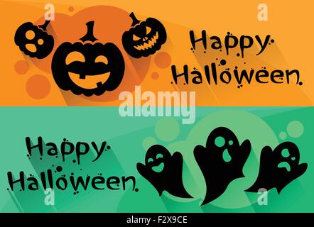 Gespenst Kürbis Gesicht Cartoon Halloween Charakter Web Banner Set Flyer Stock Vektor