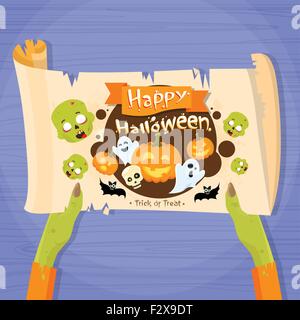 Zombie-Hand halten altes Manuskript Banner Ghost Kürbis Gesicht Cartoon Halloween Charakter Web Blättern Papier Partyeinladung Stock Vektor