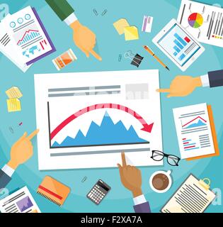 Unternehmer zeigen Finanzkrise Negative Graph roten Pfeil nach unten, Business Hände Punkt Finger Stock Vektor