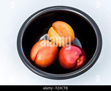 3 drei Nektarinen schwarze Schale, weißer Hintergrund, ausgeschnitten, rot-gelb-schwarz, Obst schön süß, herrlich, prächtig, Vitamine Stockfoto