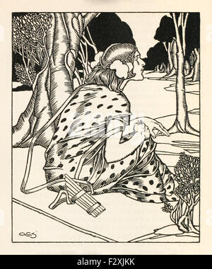 Die Herrin sitzt auf einer Bank aus "Comus" von John Milton (1608-1674), Illustration von Alfred Garth Jones (1872 – 1955). Siehe Beschreibung für mehr Informationen. Stockfoto