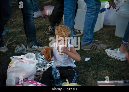 Bapska, Kroatien. 23. Sep, 2015. Ein Kind isst und trinkt auf dem Rasen des Flüchtlingslagers von Bapska. Migranten kommen nach Europa für Asyl und in der Hoffnung auf besseres und friedlichen Leben. © Ivan Romano/Pacific Press/Alamy Live-Nachrichten Stockfoto