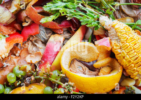 Kompost im Garten. Kompostierung Haufen verwesender Küche Obst und Gemüse Fetzen Stockfoto